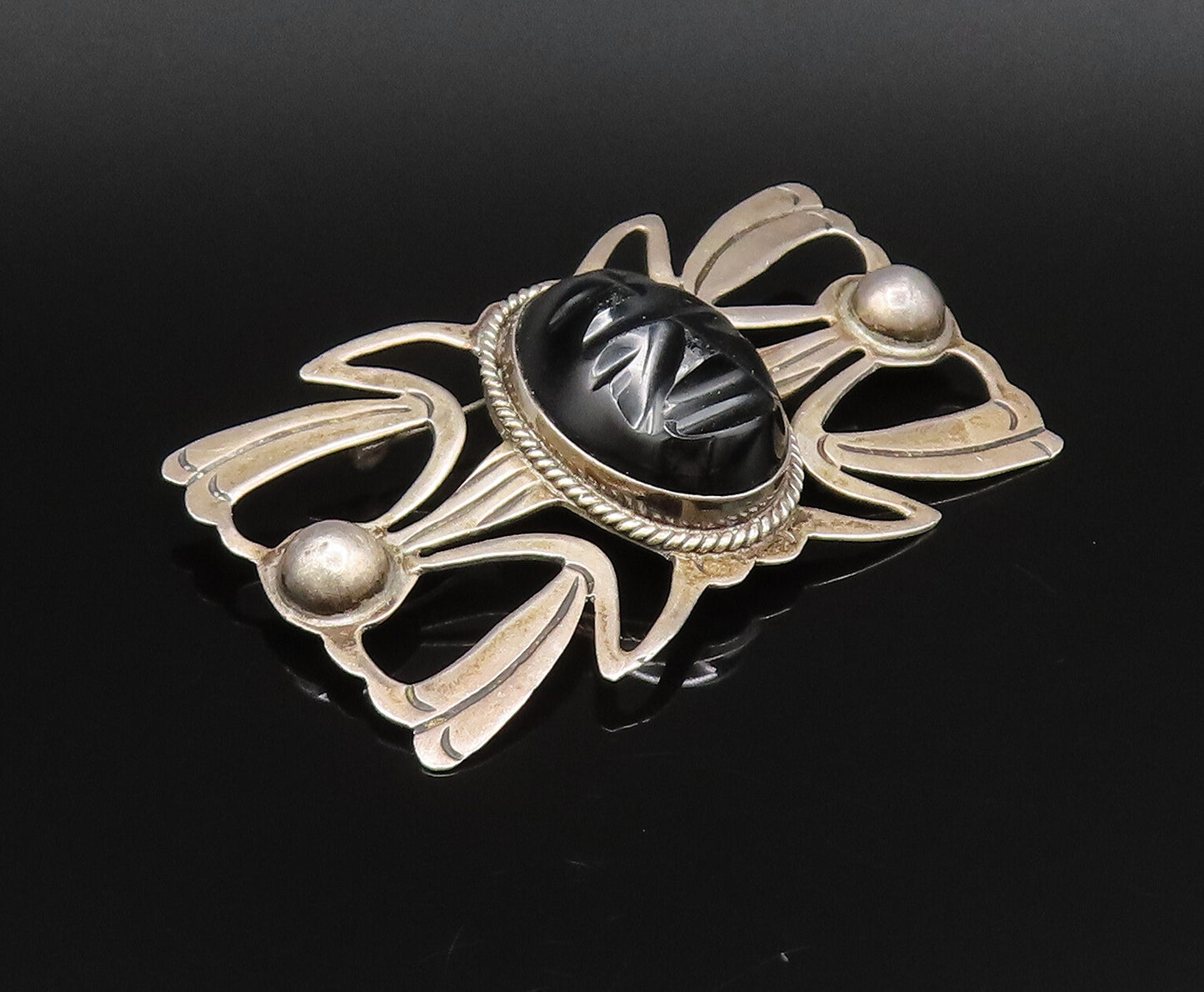 MEXICO 925 Silver  Vintage Carved Face Black Onyx Open Wings Brooch Pin BP9991