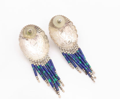 925 Sterling Silver Vintage Earrings SOUTHWESTERN Azurite Etched Dangles EG13483