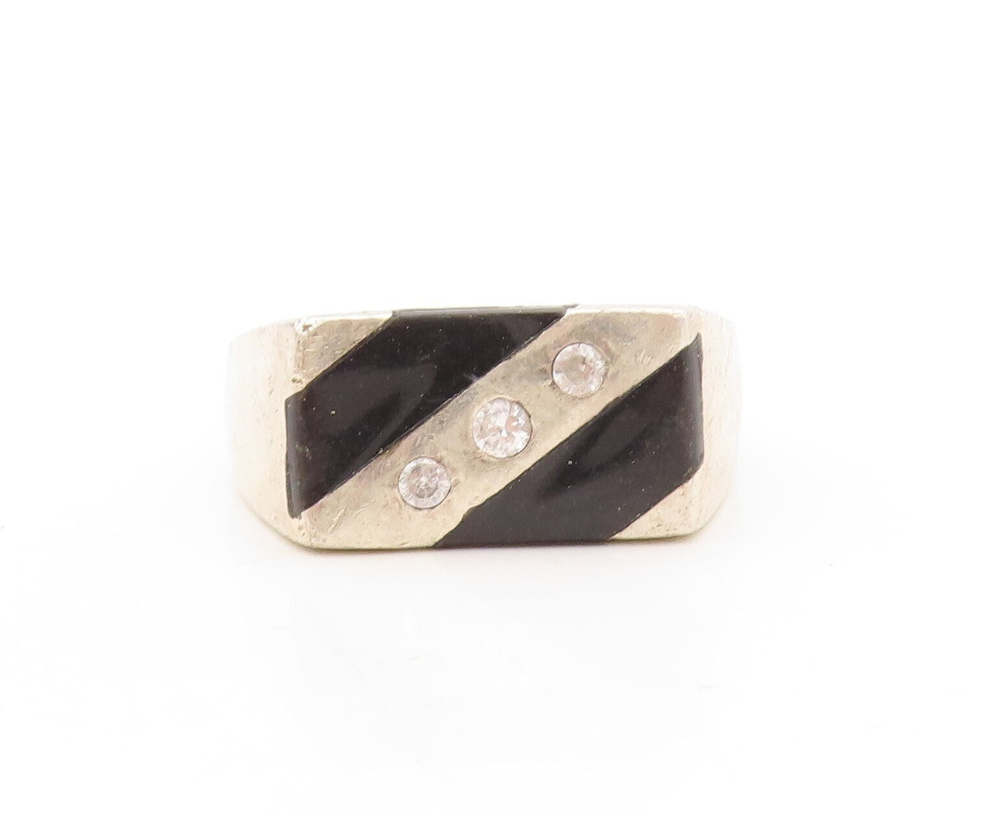 925 Sterling Silver Vintage Ring Solid Onyx & Topaz Inlay  Sz 12  RG31026