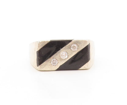 925 Sterling Silver Vintage Ring Solid Onyx & Topaz Inlay  Sz 12  RG31026