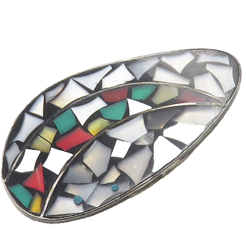 ISRAEL 925 Sterling Silver  Vintage Mother Of Pearl Mosaic Brooch Pin  BP7057