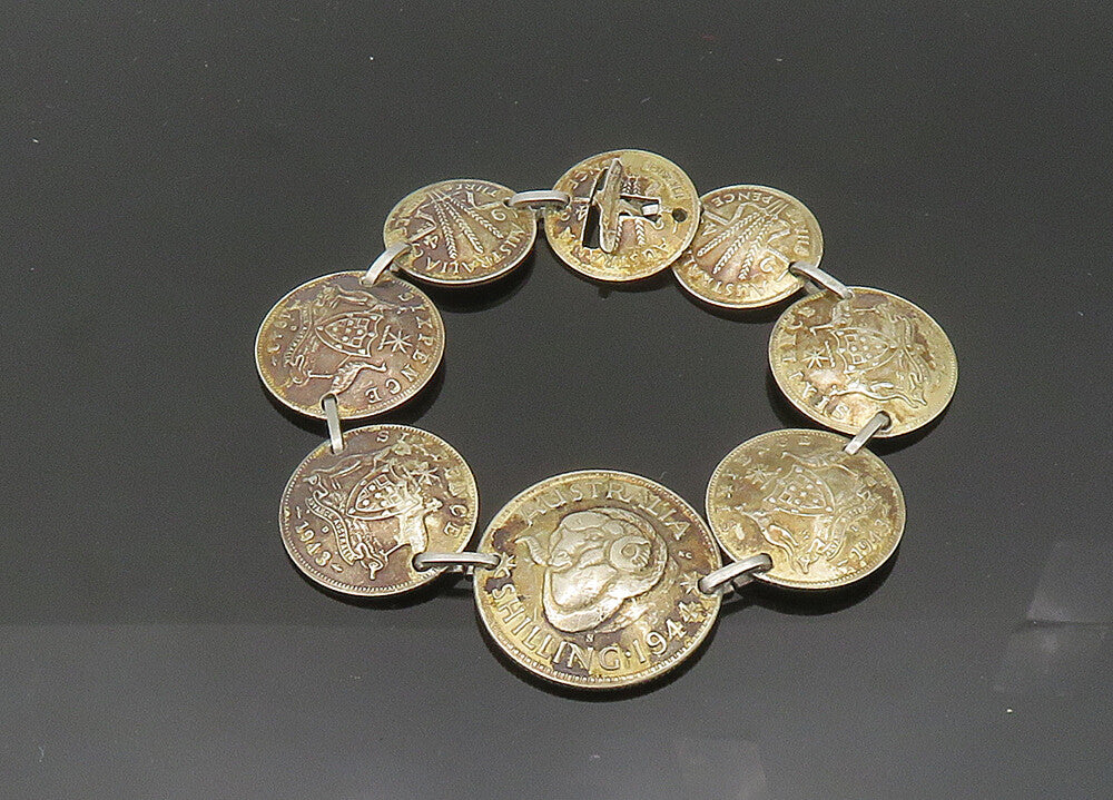 925 Sterling Silver  Vintage Australian Shilling Coin Chain Bracelet  BT8245