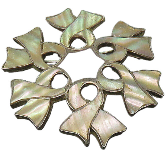 MEXICO 925 Silver  Vintage Black Onyx & Abalone Ribbons Brooch Pin  BP8366