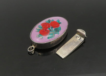 925 Sterling Silver  Vintage Enamel Floral Art Oval Trinket  TR3123