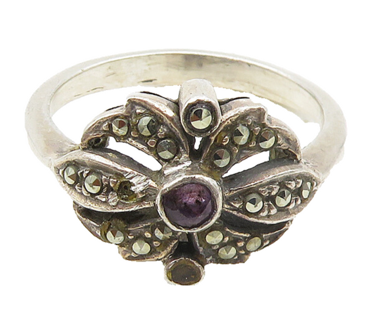 925 Sterling Silver  Vintage Amethyst & Marcasite Band Ring Sz 7.5  RG18600