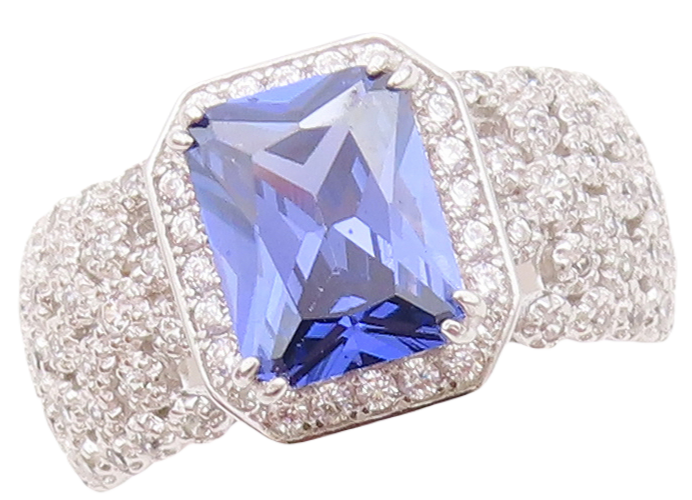 925 Sterling Silver Vintage Ring Square Cut Sapphire & CZ Band  Sz 7  RG30419