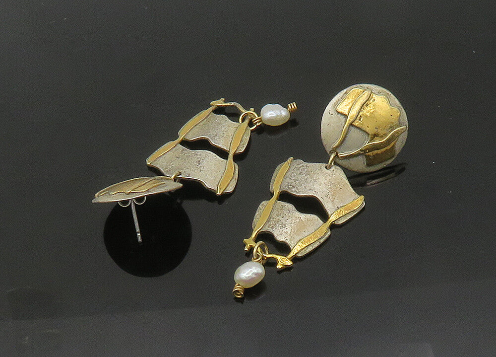 KW 925 Silver & 14K GOLD  Vintage Baroque Pearl 2 Tone Drop Earrings  EG10576