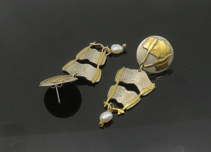 KW 925 Silver & 14K GOLD  Vintage Baroque Pearl 2 Tone Drop Earrings  EG10576