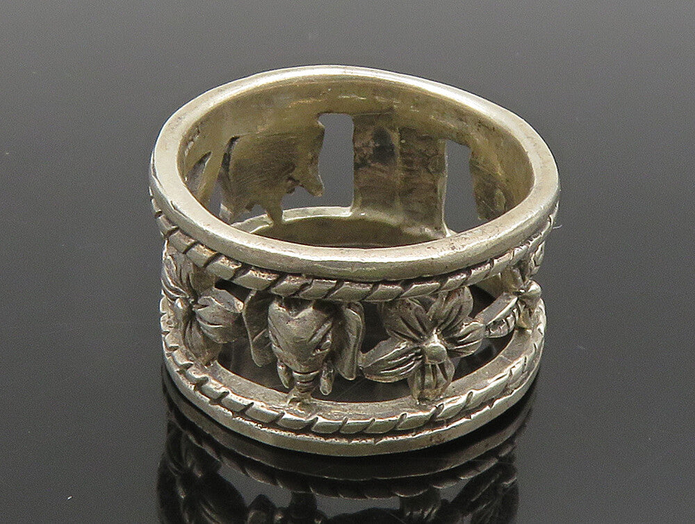 925 Silver  Vintage Flowers & Elephant Cut Out Band Ring Sz 6.5  RG24370
