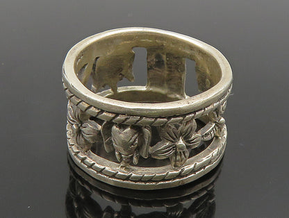 925 Silver  Vintage Flowers & Elephant Cut Out Band Ring Sz 6.5  RG24370