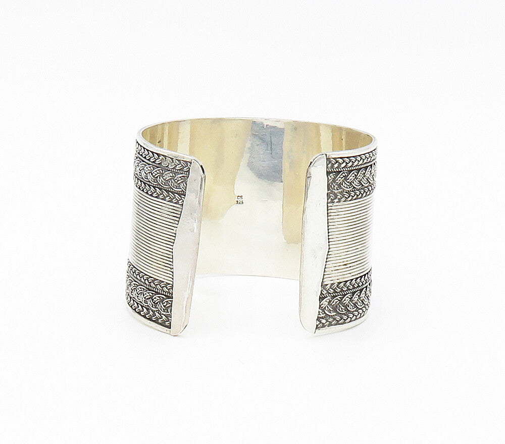 925 Sterling Silver  Vintage Shiny Braided Wheat Wide Cuff Bracelet  BT6448