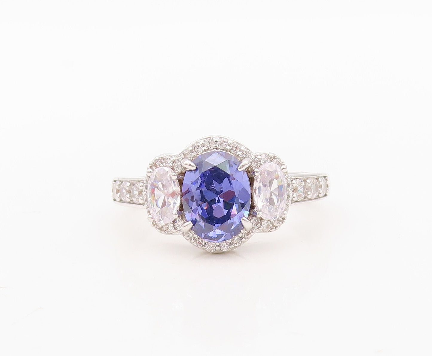 925 Sterling Silver Vintage Ring Oval Cut Tanzanite & CZ Inlay  Sz 7  RG30454