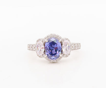 925 Sterling Silver Vintage Ring Oval Cut Tanzanite & CZ Inlay  Sz 7  RG30454