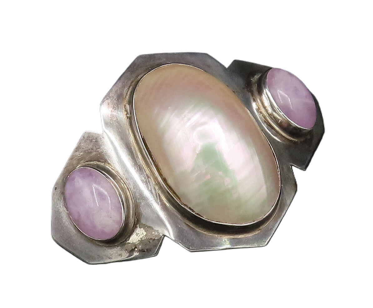 DESIGNER 925 Silver  Vintage Mother Of Pearl & Purple Jade Brooch Pin  BP9802