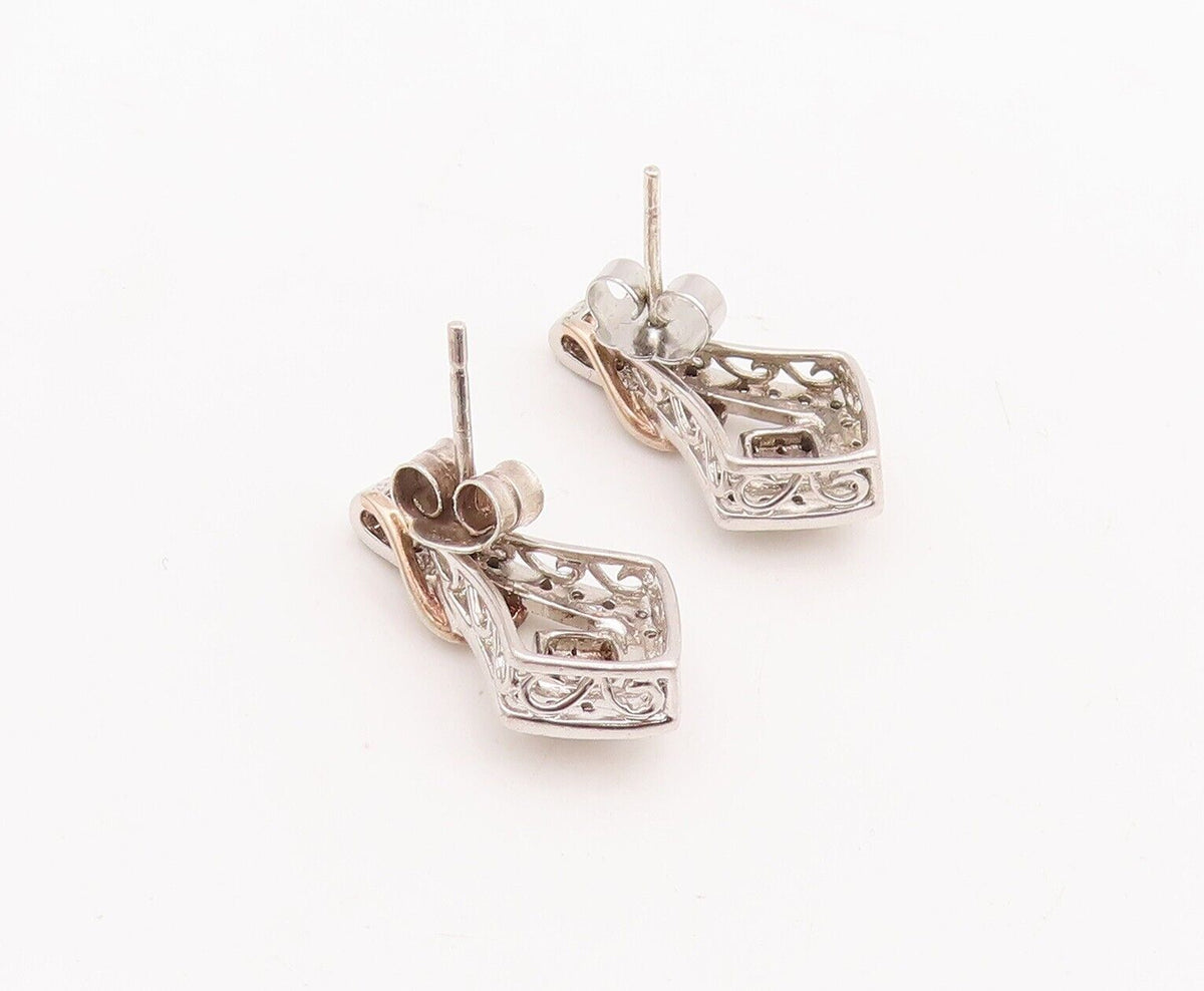 925 Sterling Silver Vintage Earrings Solid Design Cutout Diamonds Inlay  EG13059