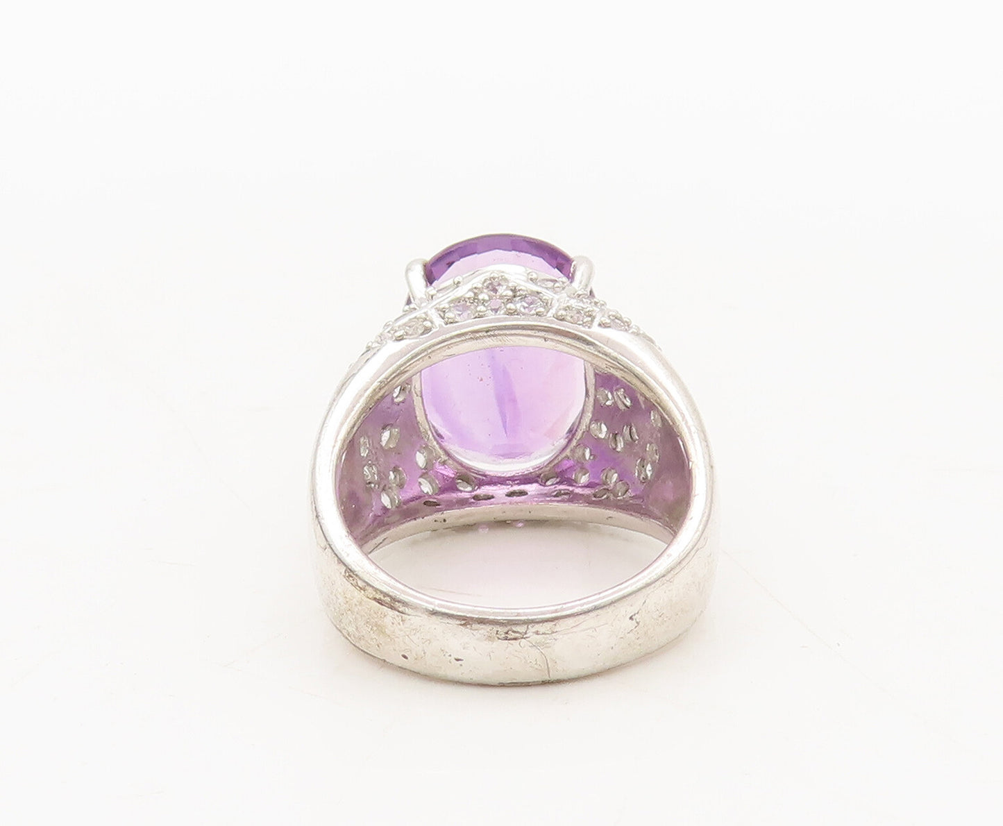 925 Sterling Silver Vintage Ring Oval Amethyst & Topaz Beaded Neck Sz 8 RG27572