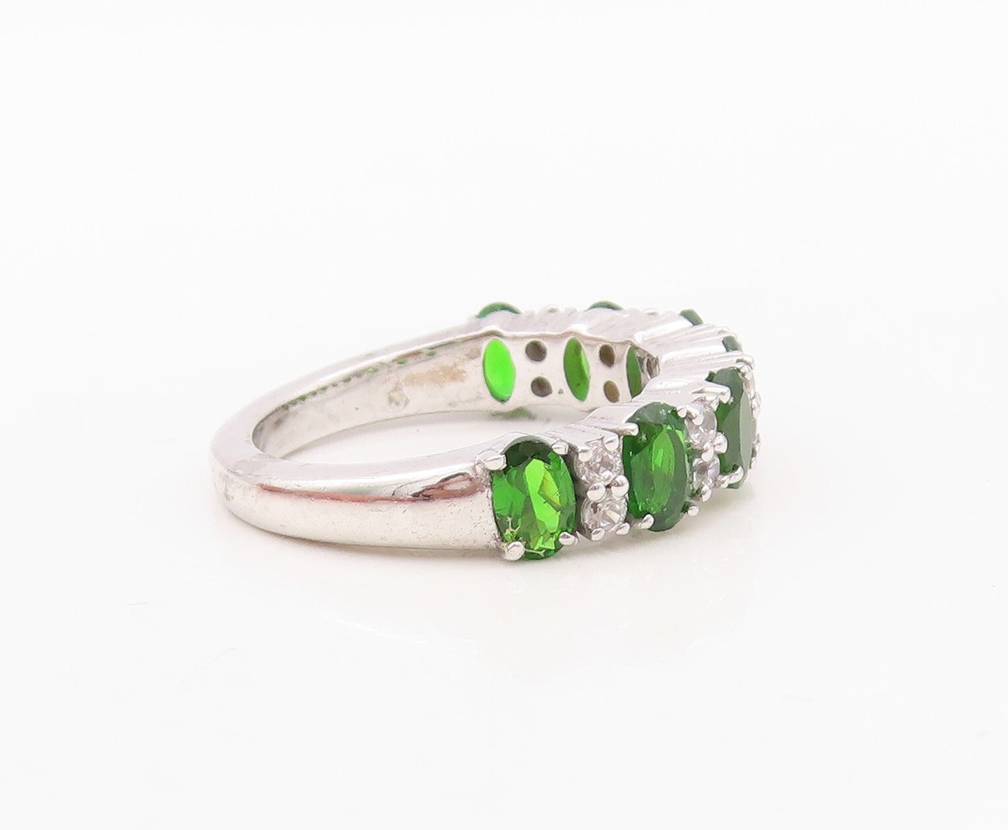 925 Sterling Silver Vintage Ring Oval Cut Green & White CZ Band Sz 7 RG30000