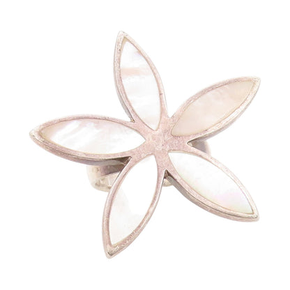 925 Sterling Silver Vintage Ring Mother Of Pearls Cutout Flower  Sz 8  RG32361