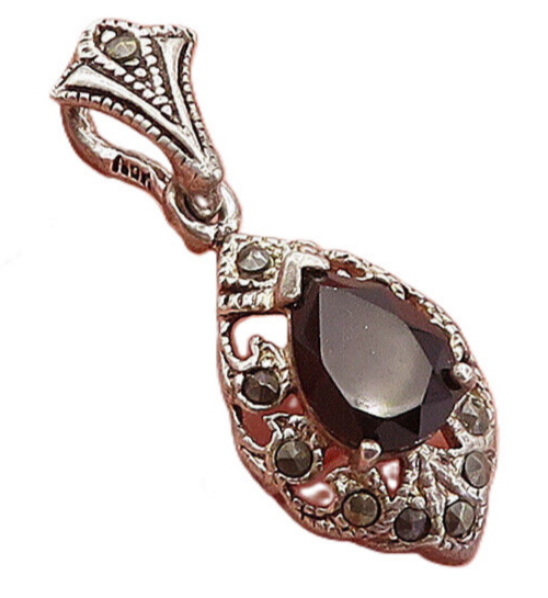925 Sterling Silver  Vintage Black Hematite & Marcasite Swirl Pendant  PT3529