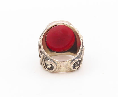 925 Sterling Silver Vintage Ring Swirly Carved Oval Red Gemstone  Sz 6.5 RG30220