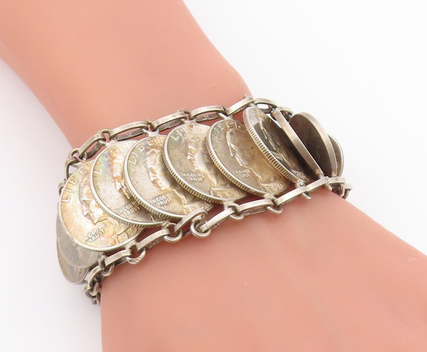 925 Sterling Silver Vintage Bracelet Articulated Liberty Multi Coin Link BT12157