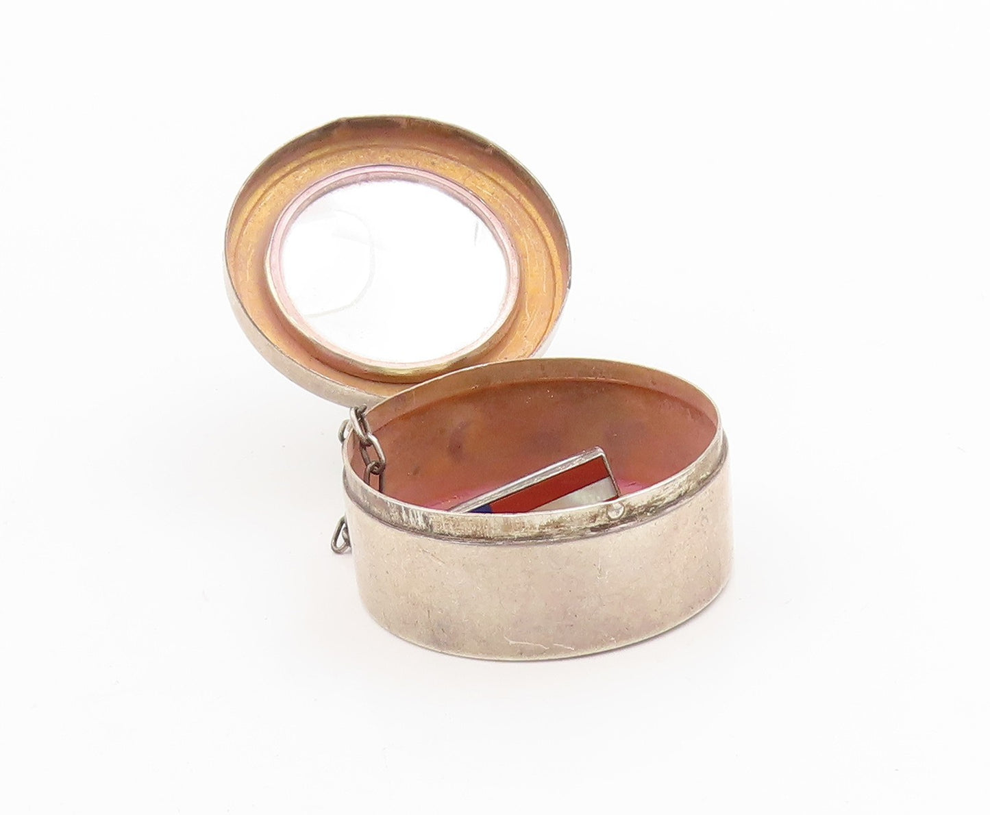 925 Sterling Silver Vintage Pill Box Floral Enameled With Chain OPENS  TR4144