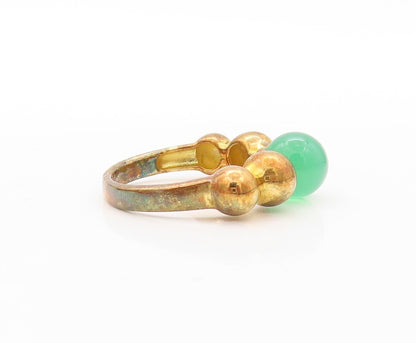 925 Sterling Silver Vintage Ring Gold Plated Bead Carved Jade Sz 7 RG30587