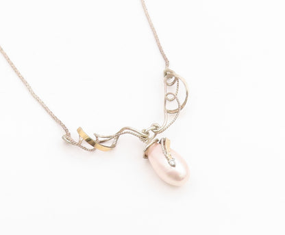 14k Gold & 925 Sterling Silver Vintage Necklace Elegant Pearl & CZ Drop  NE4861