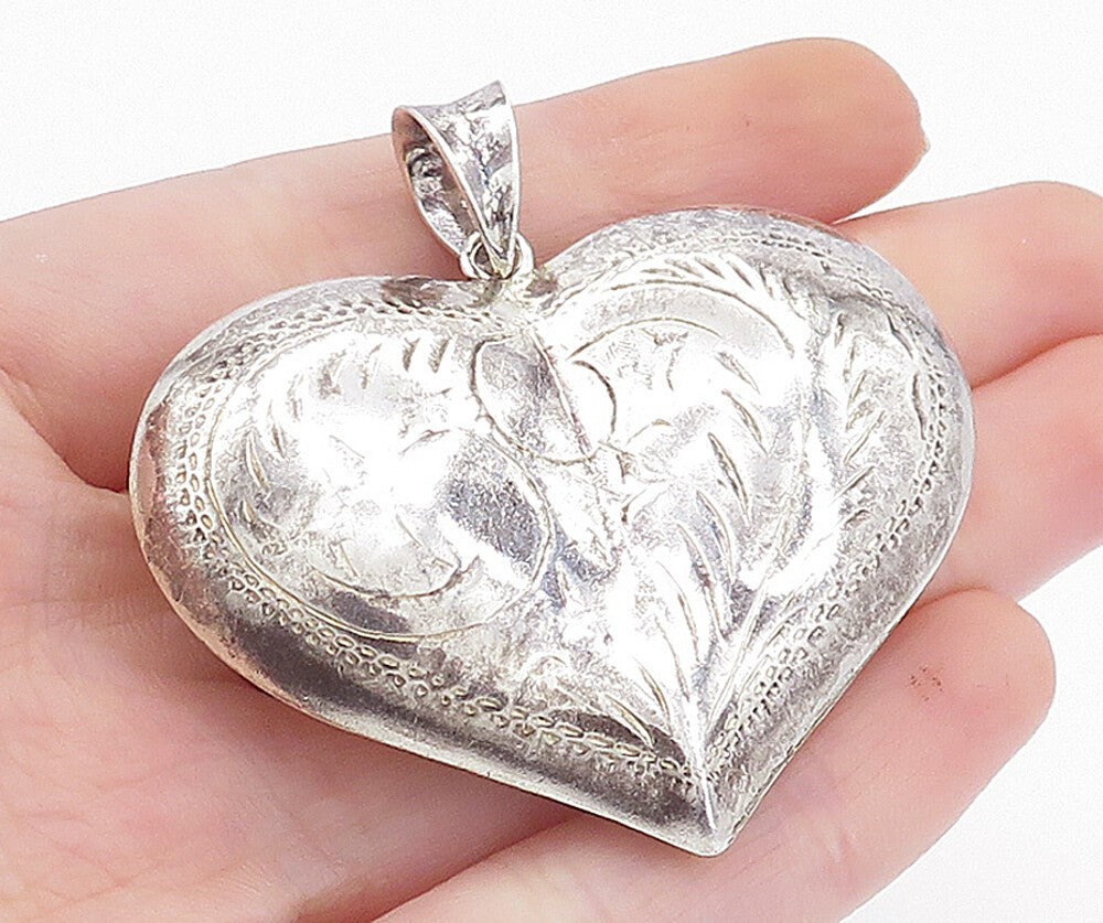925 Sterling Silver  Vintage Shiny Floral Vine Love Heart Pendant  PT5154