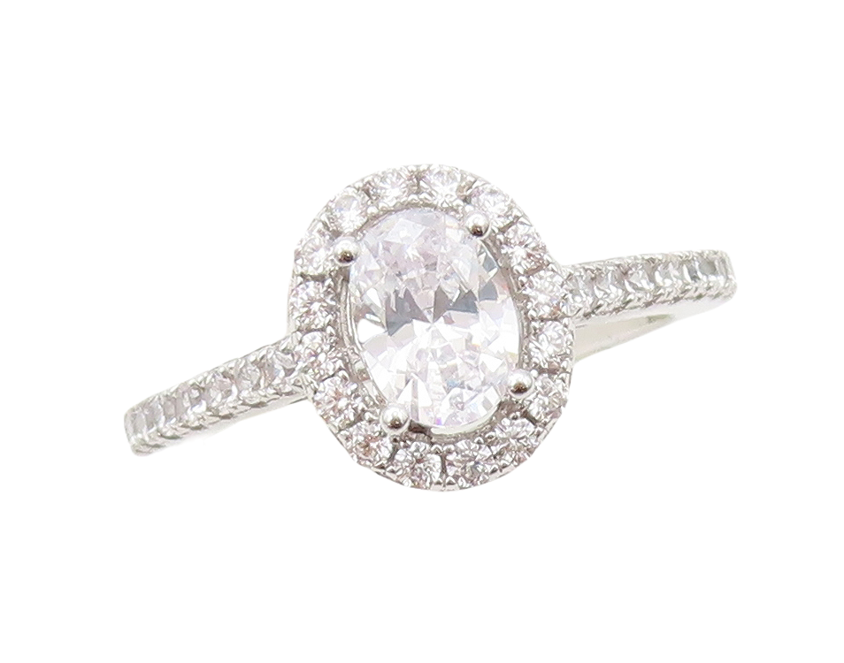 925 Sterling Silver Vintage Ring Oval Cut & Halo CZ Band  Sz 7  RG30781