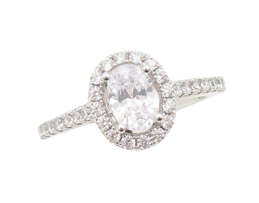 925 Sterling Silver Vintage Ring Oval Cut & Halo CZ Band  Sz 7  RG30781