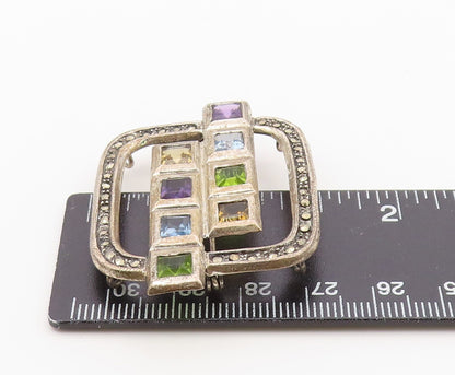 925 Sterling Silver Vintage Brooch Classic Multi Gemstone Geometric Pin  BP12592