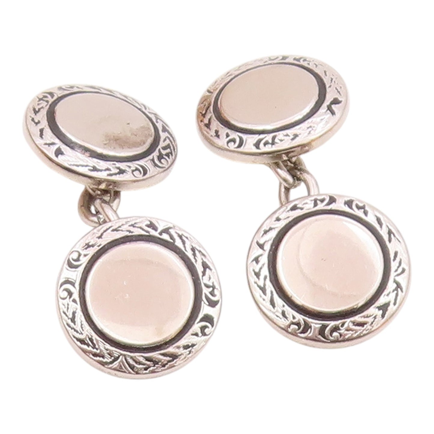 925 Sterling Silver  Vintage Shiny Etched Border Round Cuff Links  TR2102