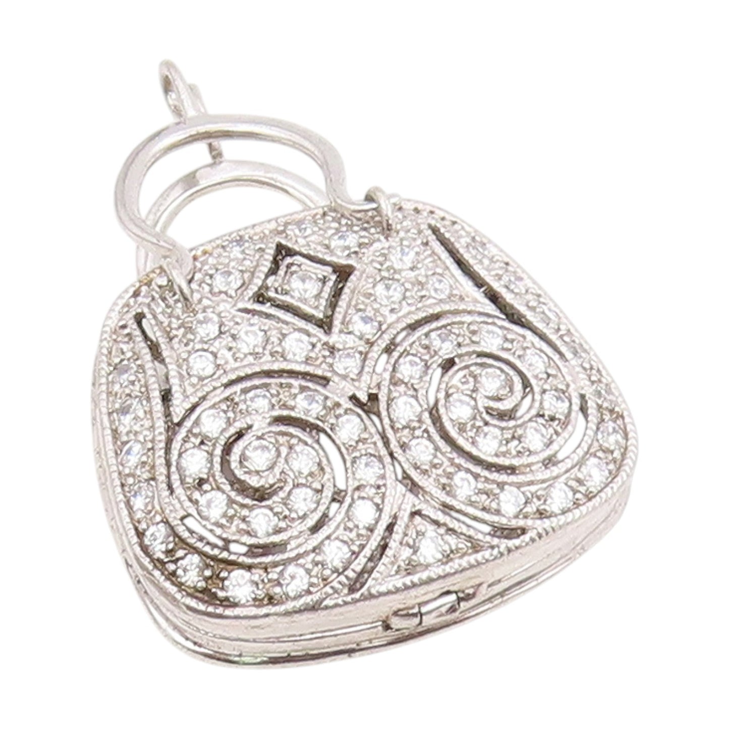 925 Sterling Silver Vintage Pendant Round CZ Openwork Handbag OPENS  PT25792