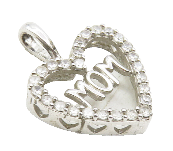 925 Sterling Silver  Petite Shiny White Topaz Mom Love Heart Pendant  PT7931