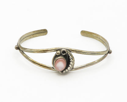 NAVAJO 925 Silver  Vintage Mother Of Pearl Floral Leaf Cuff Bracelet  BT5696