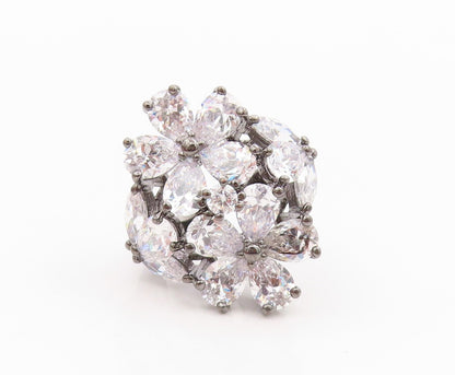 925 Sterling Silver Vintage Ring Dark Tone Drop Cut CZ Flowers  Sz 6.5  RG31767