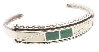 ZUNI NAVAJO 925 Sterling Silver Vintage Malachite & Agate Cuff Bracelet BT8943