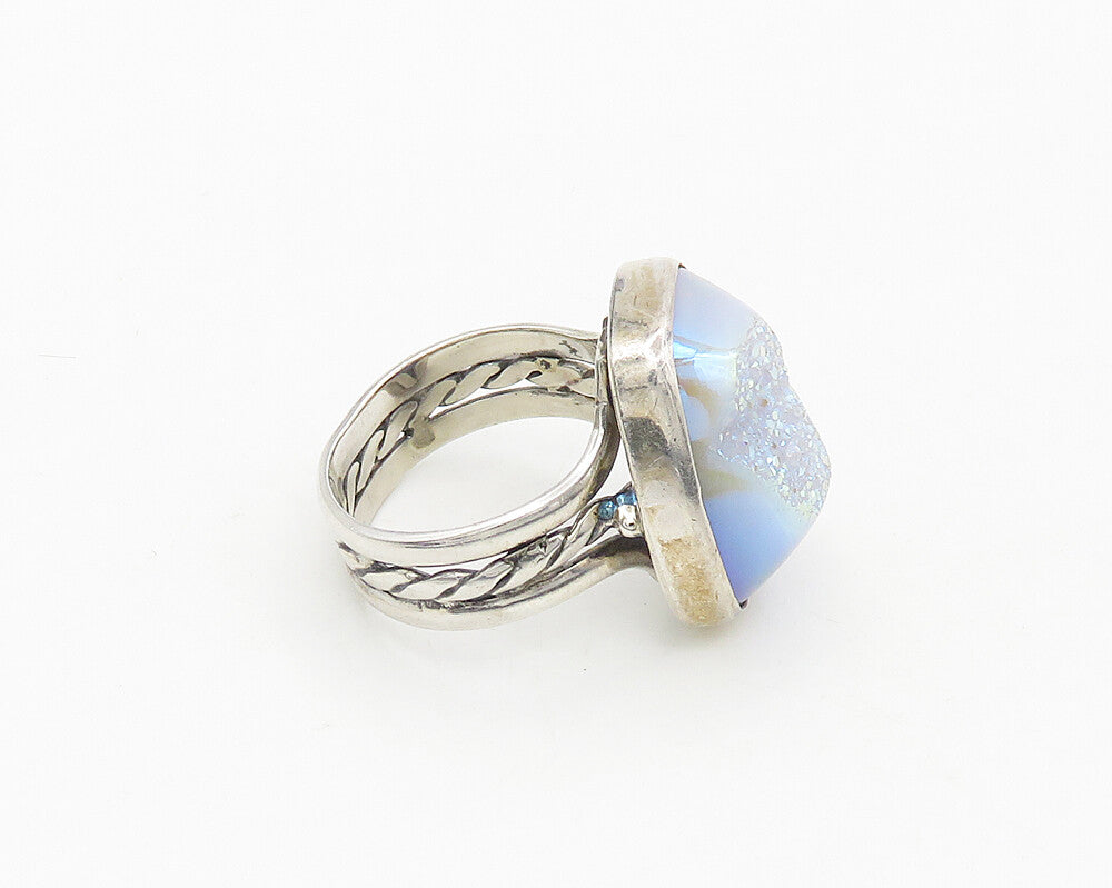 925 Sterling Silver  Vintage Rainbow Druzy Stone Cocktail Ring Sz 7  RG18014