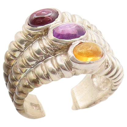 925 Sterling Silver Vintage Ring Multi Stone Triple Row Ribbed Band Sz 6 RG36477