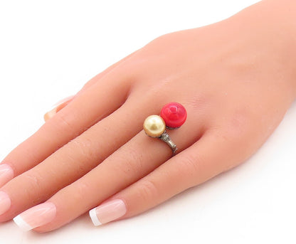 925 Sterling Silver Vintage Ring Designer Dark Tone Gemstone Pearl  Sz 5 RG31570