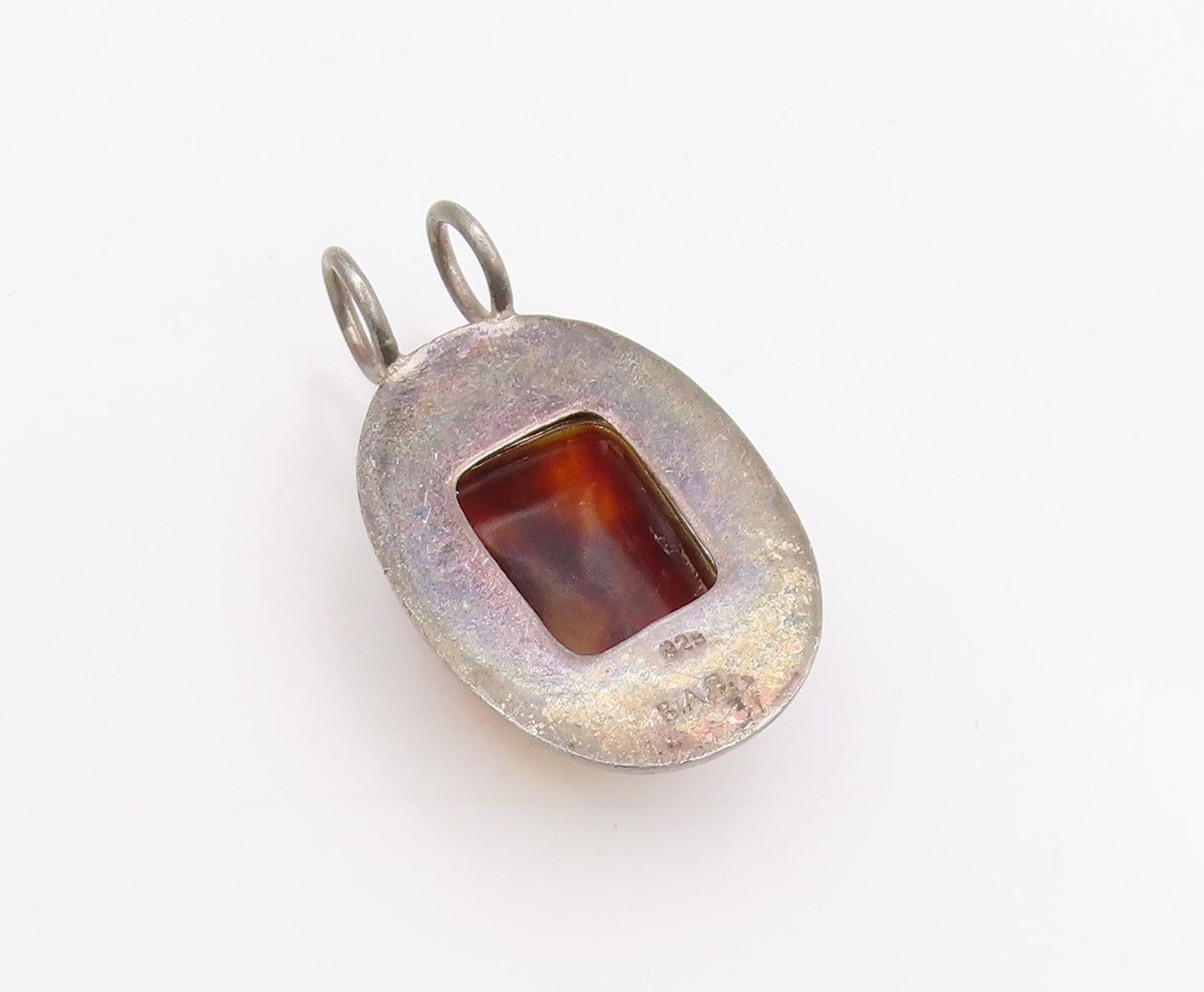 925 Sterling Silver Vintage Pendant Cabochon Jasper Modernist Oval Drop  PT25741