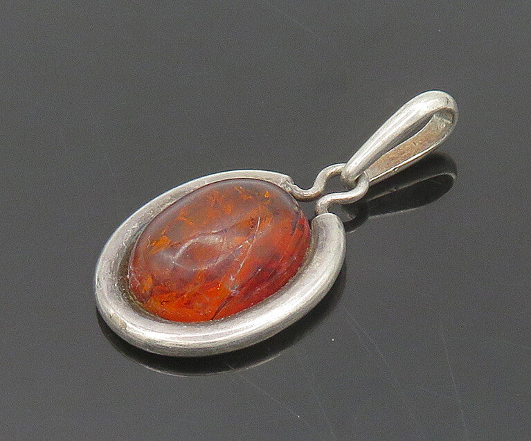 925 Sterling Silver  Vintage Cabochon Cut Amber Smooth Oval Pendant  PT15268