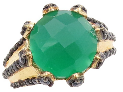 925 Sterling Silver Vintage Ring Gold Plated Green Onyx & Spinel  Sz 7  RG30633