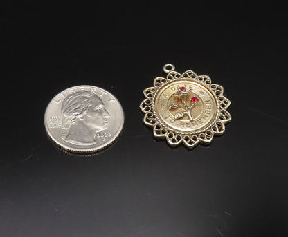 925 Sterling Silver Vintage Date To Remember Garnet Flower Medal Pendant PT21859