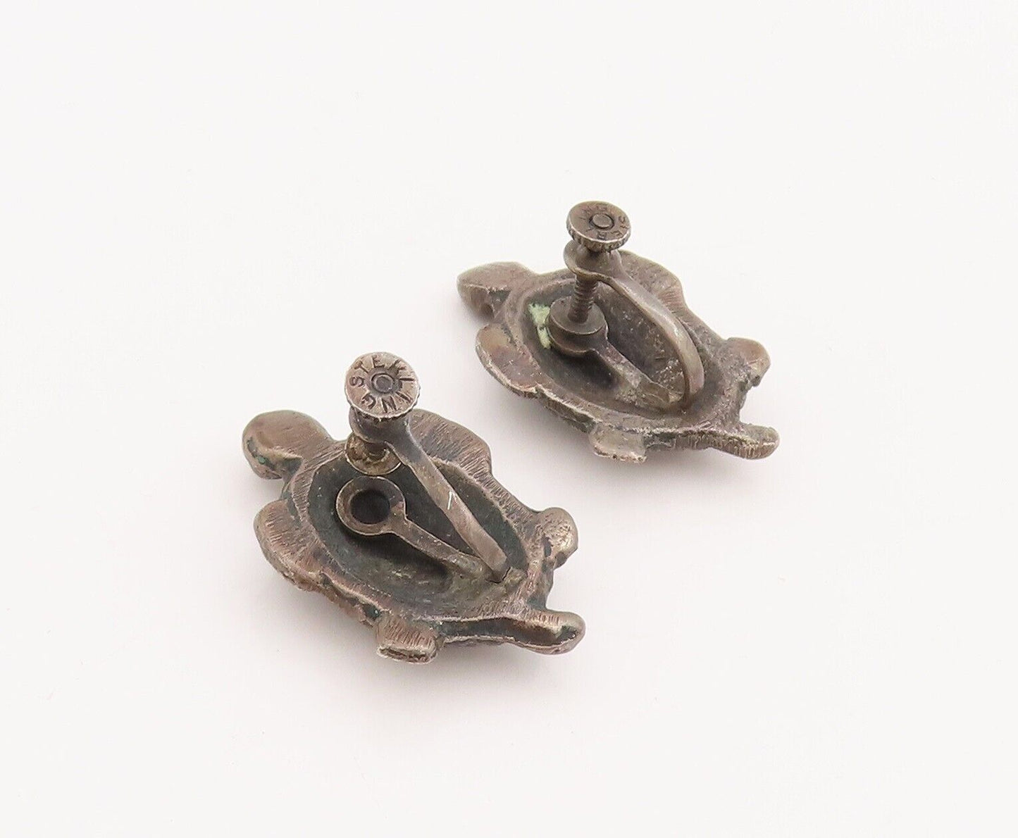 925 Sterling Silver Vintage Earrings Solid Carved Turtle  EG13095