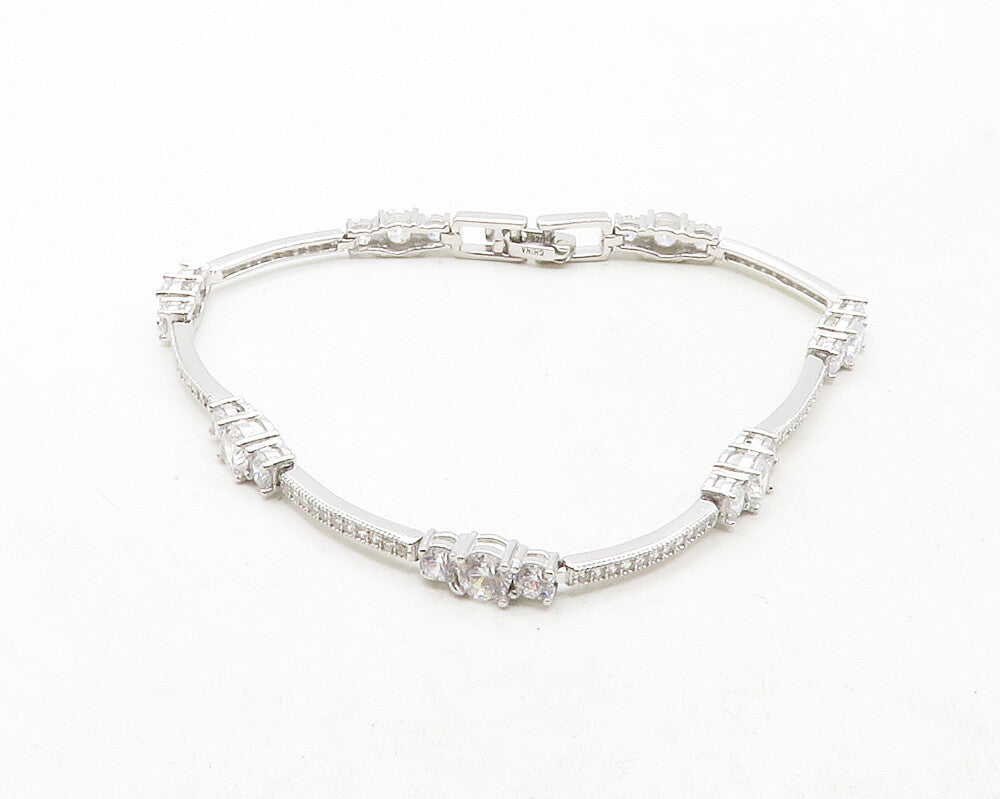 925 Sterling Silver  Sparkling Cubic Zirconia Bar Link Chain Bracelet  BT4843