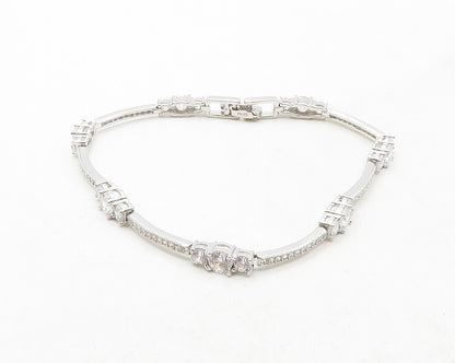 925 Sterling Silver  Sparkling Cubic Zirconia Bar Link Chain Bracelet  BT4843