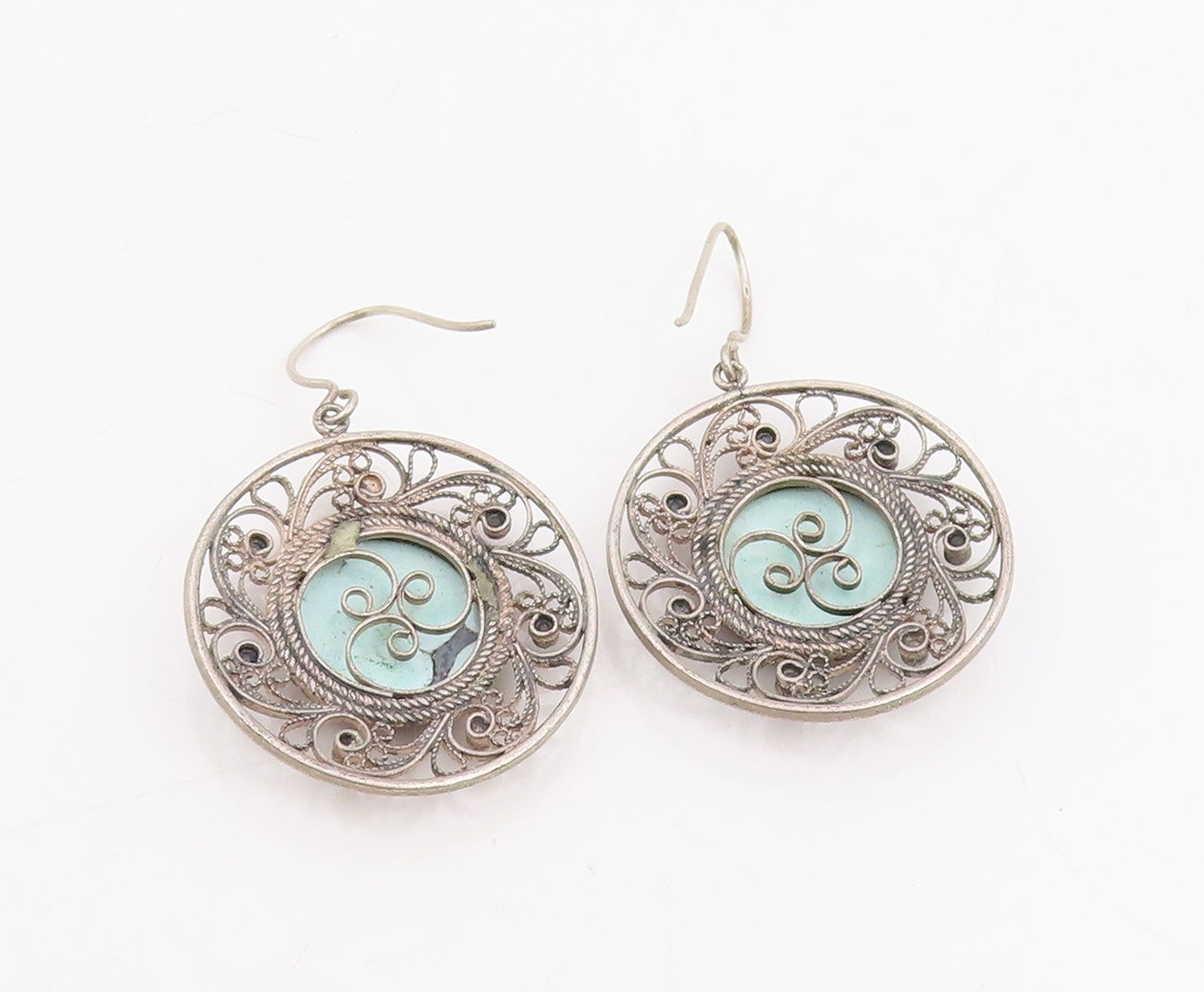 925 Sterling Silver Vintage Earrings Floral Enamel Filigree Dangle  EG14079