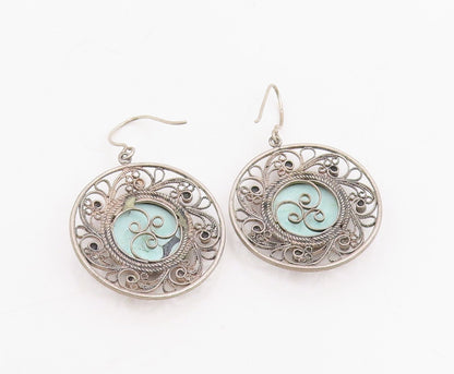925 Sterling Silver Vintage Earrings Floral Enamel Filigree Dangle  EG14079